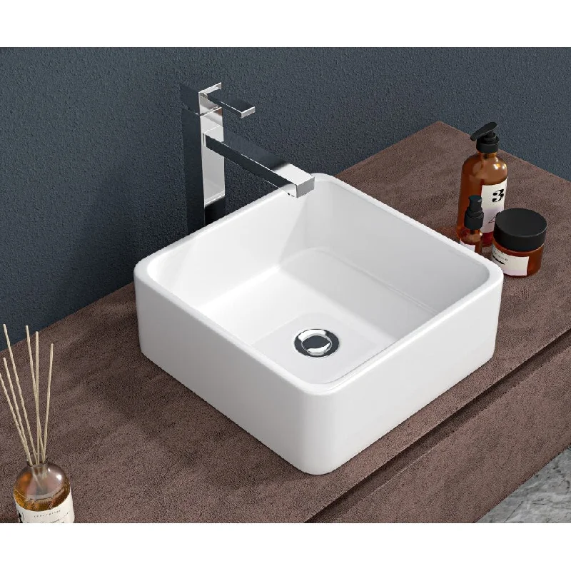 15'' White Square Ceramic Vessel Bathroom Sink - 15"×15"×5.5"