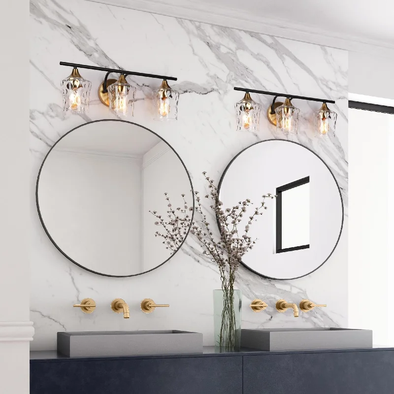 2/3/4-Light Modern Gold Black Bathroom Vanity Light Wall Sconce with Hammered Glass