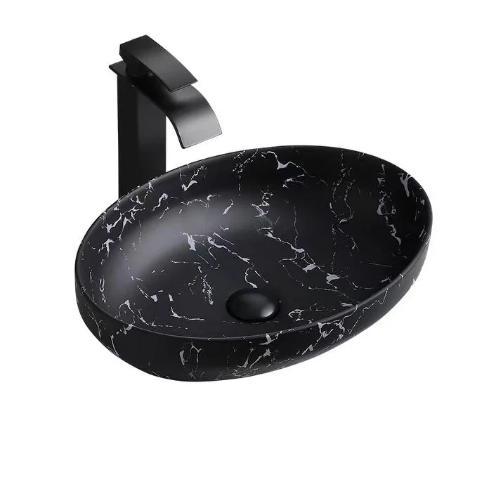 20"x14" Modern Egg Shape Above Counter Black Porcelain Ceramic Bathroom Vessel Vanity Sink Art Basin