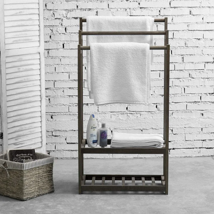 3-Tier Gray Wood Towel Rack with 2 Bottom Storage Shelves