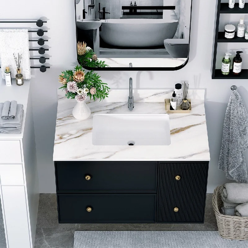 37 Inch Marble Vanity Top, Bathroom Vanity Top with Undermount Rectangular Middle Sink and 4" Height Backsplash