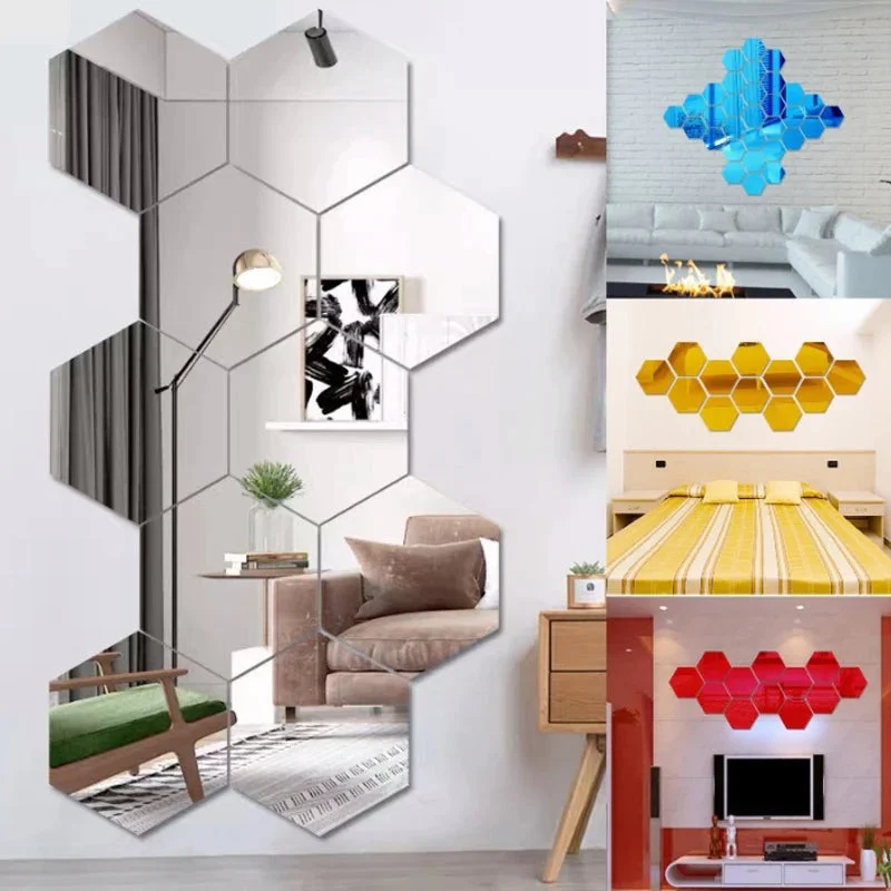 3D Mirror Wall Stickers Hexagon Decal Home Decor 12 Pieces (Large, 126mm)