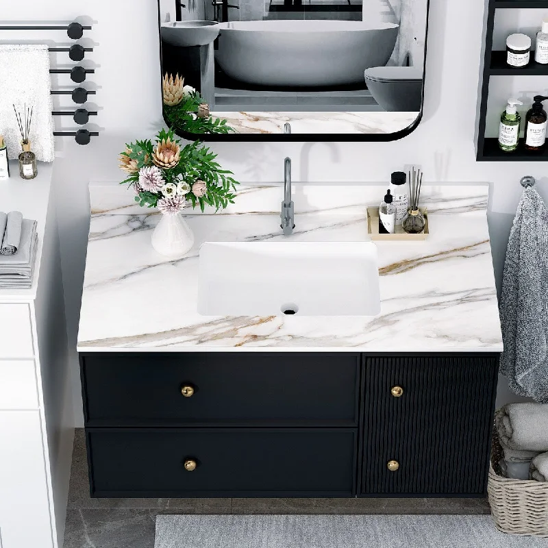 43 Inch Marble Vanity Top, Bathroom Vanity Top with Undermount Rectangular Middle Sink and 4" Height Backsplash