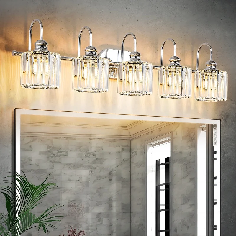 5-Light Glam Linear Dimmable Crystal Bathroom Vanity Lights with Cylinder Crystal Shade