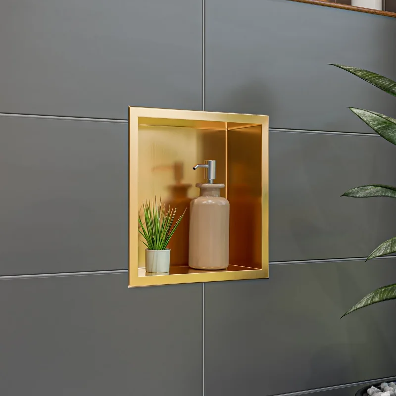 ALFI brand 12" x 12" Brushed Gold PVD Stainless Steel Square Single Shelf Shower Niche