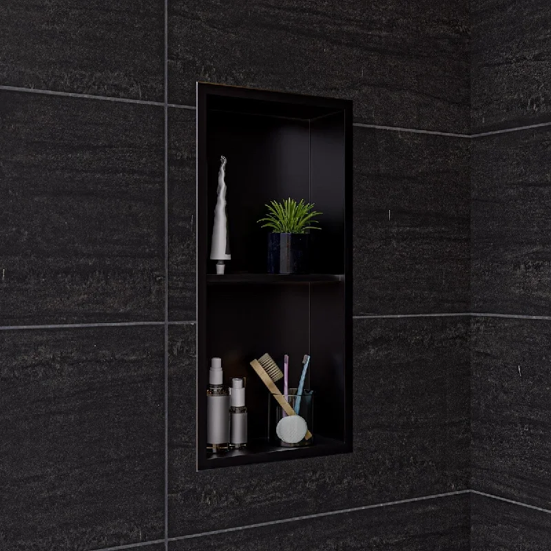 ALFI brand 12" x 24" Brushed Black PVD Stainless Steel Vertical Double Shelf Shower Niche