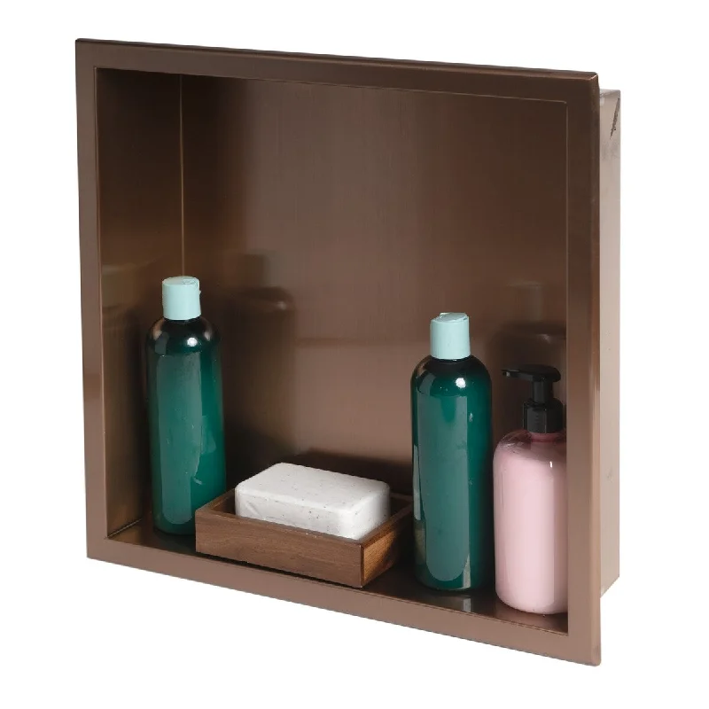 ALFI brand 16" x 16" Brushed Copper PVD Steel Square Single Shelf Shower Niche - Mahogany