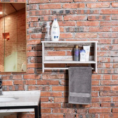 Whitewashed Bathroom Shelf with Towel Bar