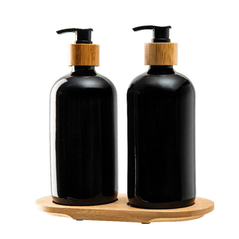 Black Glass Pump Bottles with Bamboo Tray