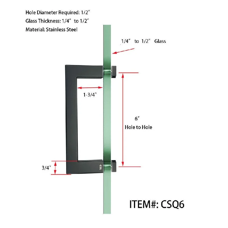 CEL 6" Square Tubing Singled-Sided Pull Handle for shower door