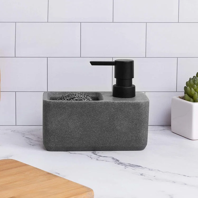 Dark Gray Faux Marble Resin Dish Soap Dispenser with Sponge Holder