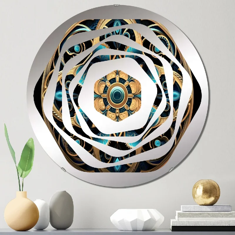 Designart "Ancient Atlantis Mandala In Gold And Turquoise II" - Traditional Boho Mandala Amorphe Decorative Mirror