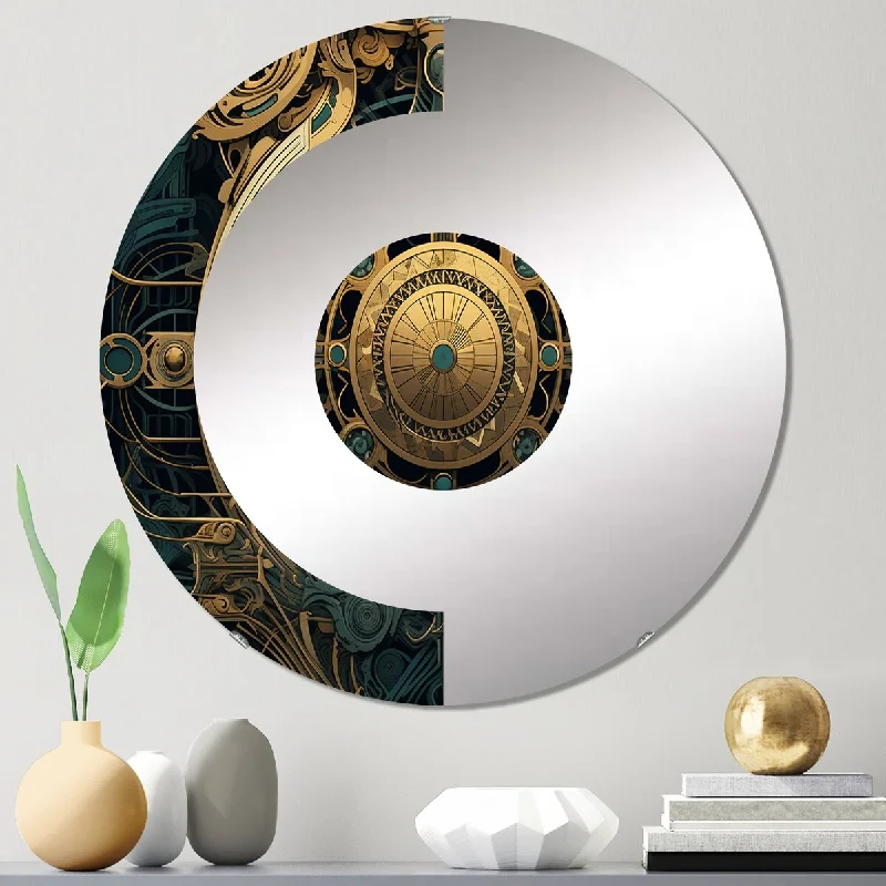 Designart "Ancient Atlantis Mandala In Gold & Vintage Blue I" - Traditional Boho Mandala Half Circle Wall Mirror