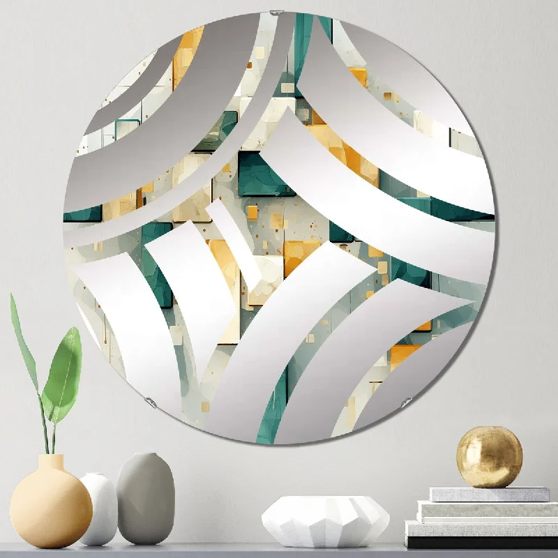 Designart "Auspiciousness Retro Teal Geometrics" - Modern Abstract Painting Centre Wave Decorative Mirror