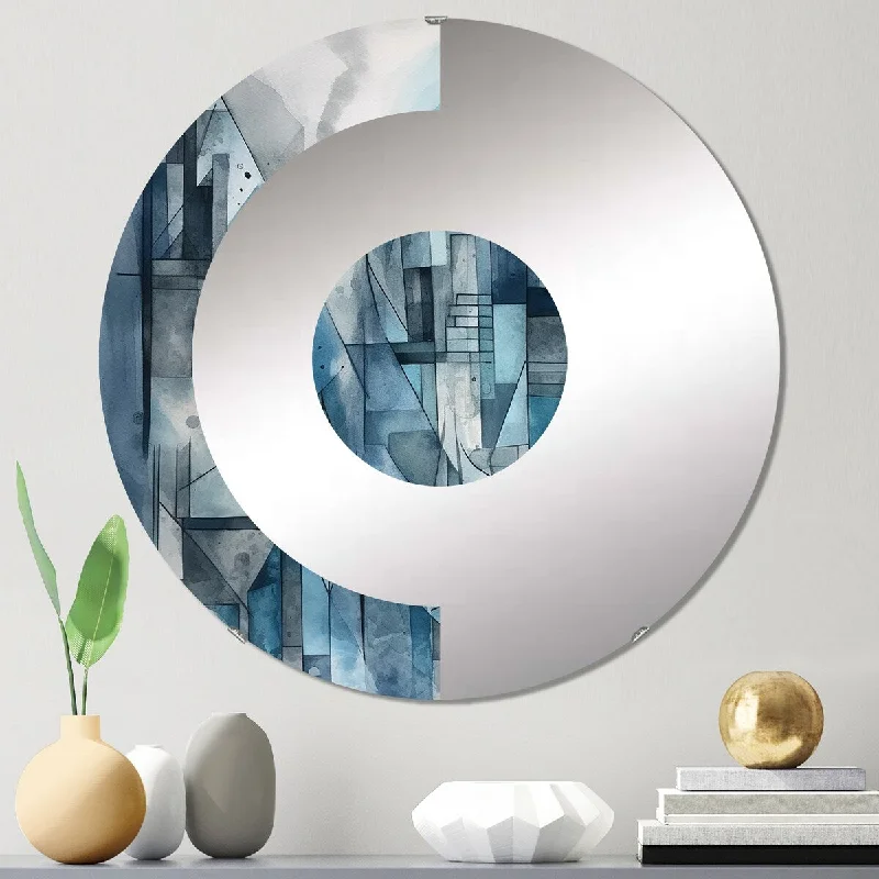 Designart "Blue Abstracted Harmonies Of Shape III" - Modern Abstract Geometric Half Circle Wall Mirror