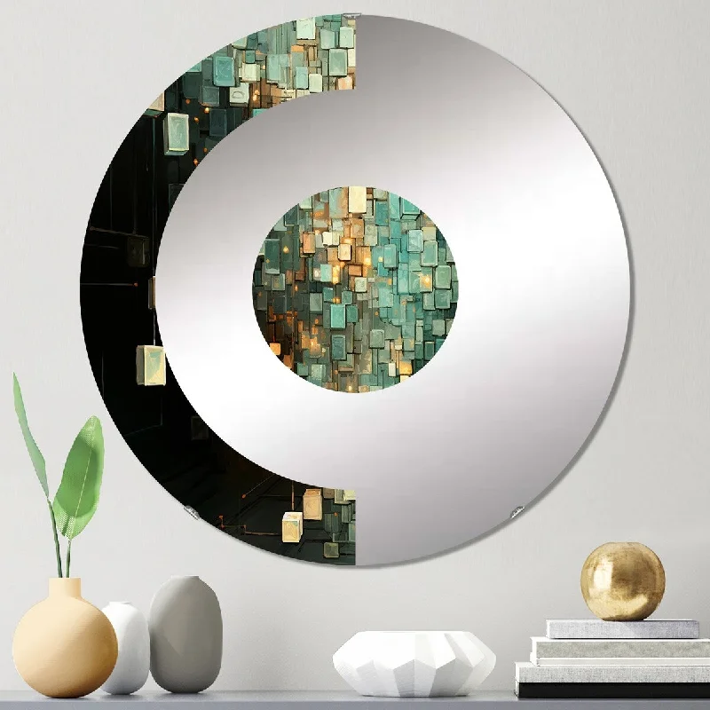 Designart "Celebration Of Possiblity Retro Gold Dark Teal" - Modern Abstract Painting Half Circle Wall Mirror