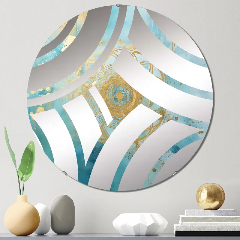 Designart "Divine Mandala Delicate Gold Gentle Turquoise IV" - Traditional Boho Mandala Centre Wave Decorative Mirror