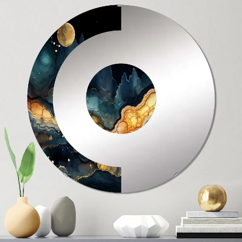 Designart "Gold and blue Tidal Tilt" - Modern Abstract Geometric Half Circle Wall Mirror