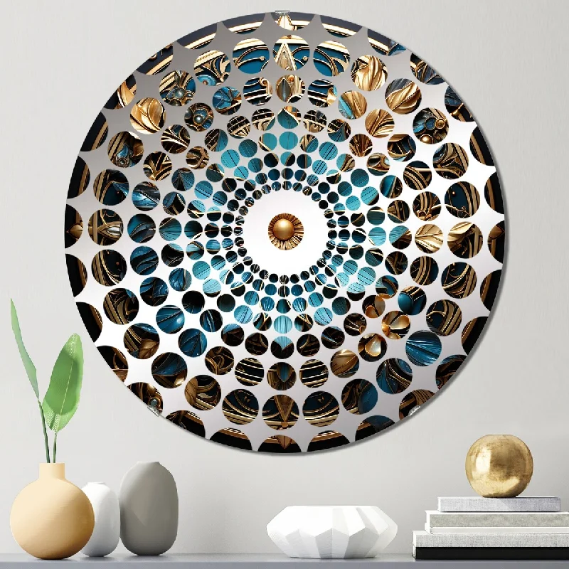 Designart "Gold And Teal 3D Flowers Ancient Seal II" - Modern Abstract Botanicals Concentric Circles Decorative Mirror