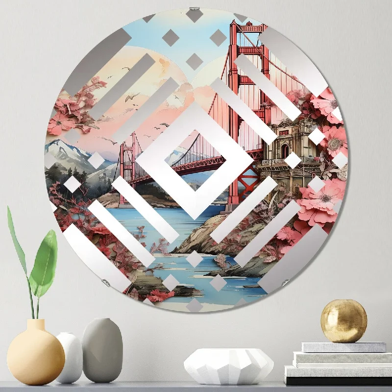 Designart "Golden Gate San Francisco Retro Pink Collage IV" - Industrial San Francisco Diamond Decorative Mirror