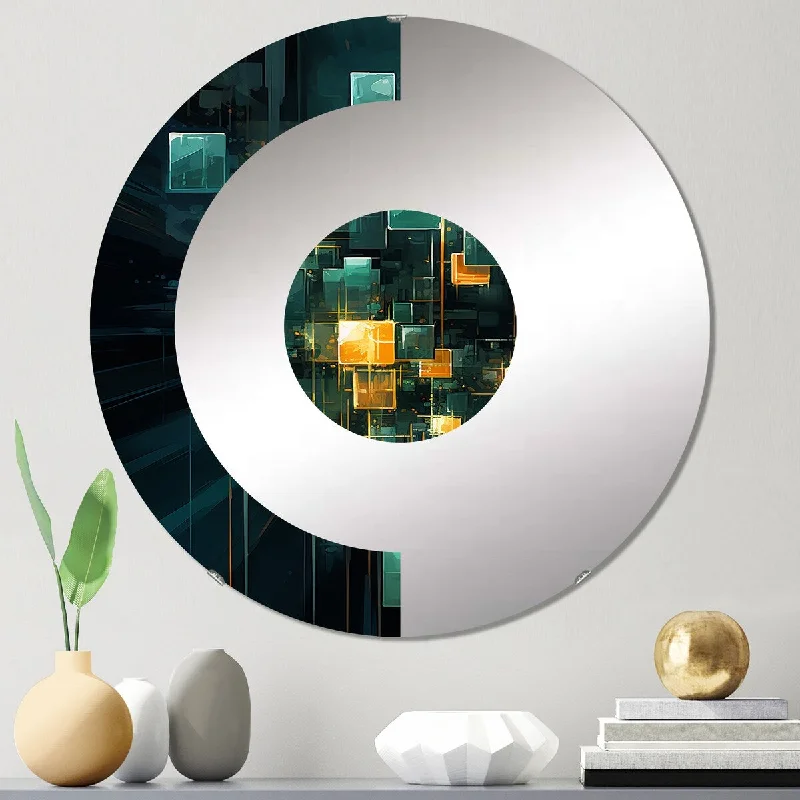 Designart "Illumination of Desire Cubist Turquoise Gold" - Modern Abstract Painting Half Circle Wall Mirror