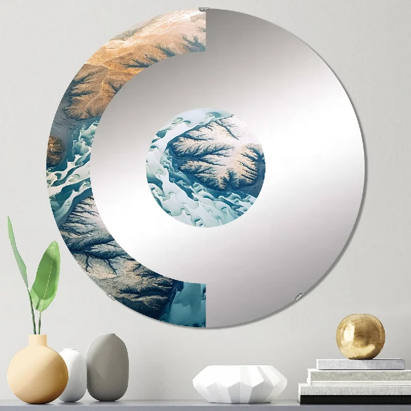 Designart "Majestic Aerial View Artic Rivers Icebergs II" - Country Glacier Half Circle Wall Mirror