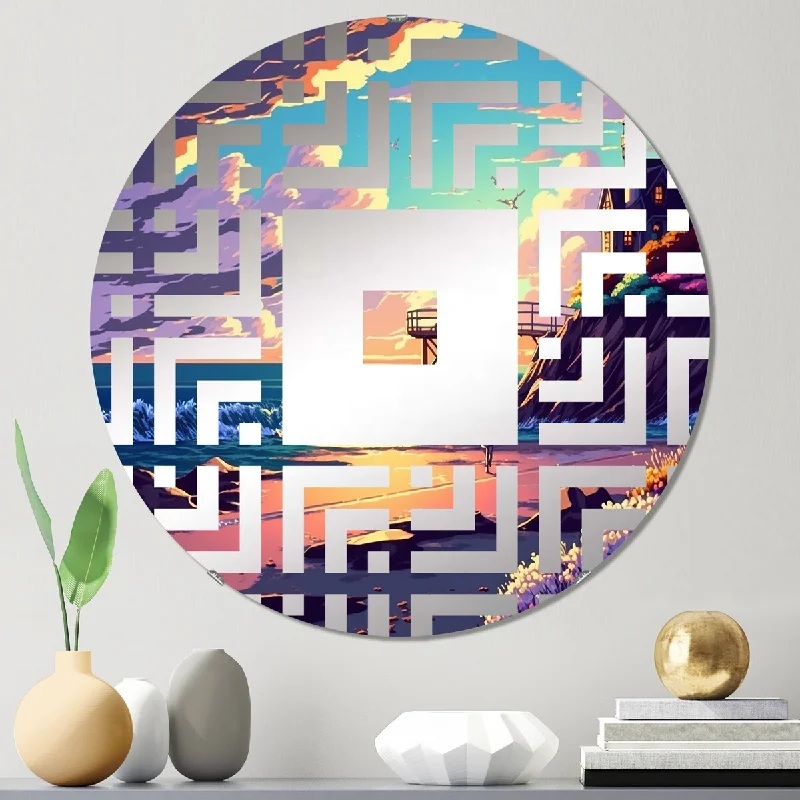 Designart "Modern Sunset In Vector Style III" - Modern Coastal Sunset Square Wall Mirror