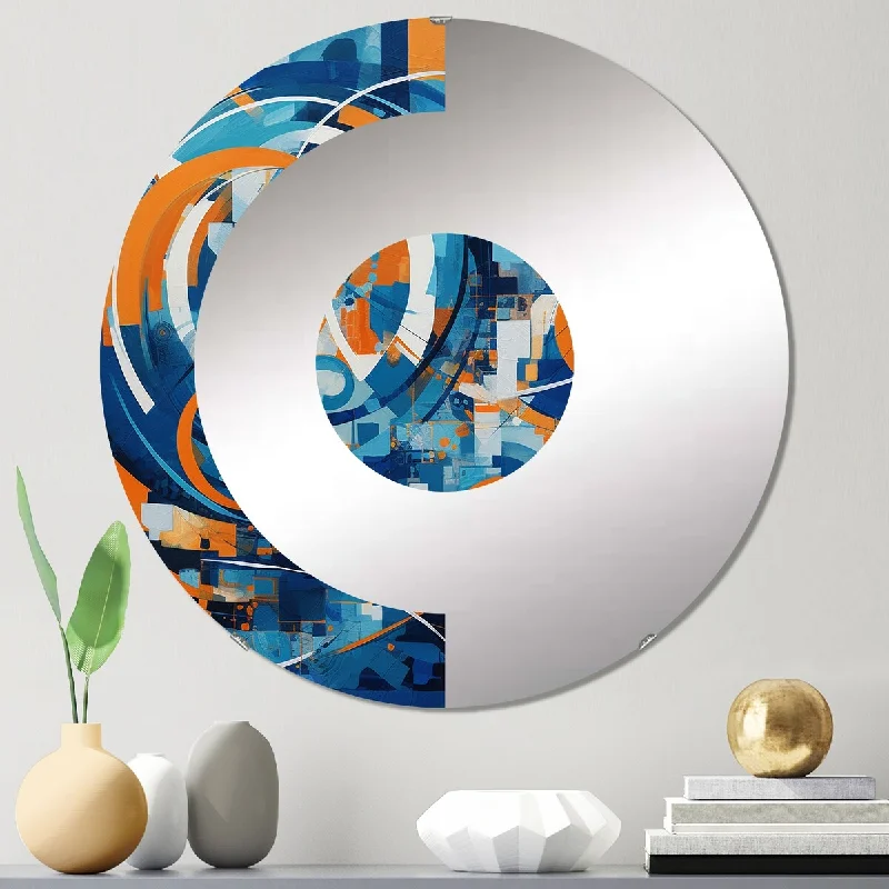 Designart "Orange And Blue Geometric Equilibrium V" - Modern Abstract Geometric Half Circle Wall Mirror