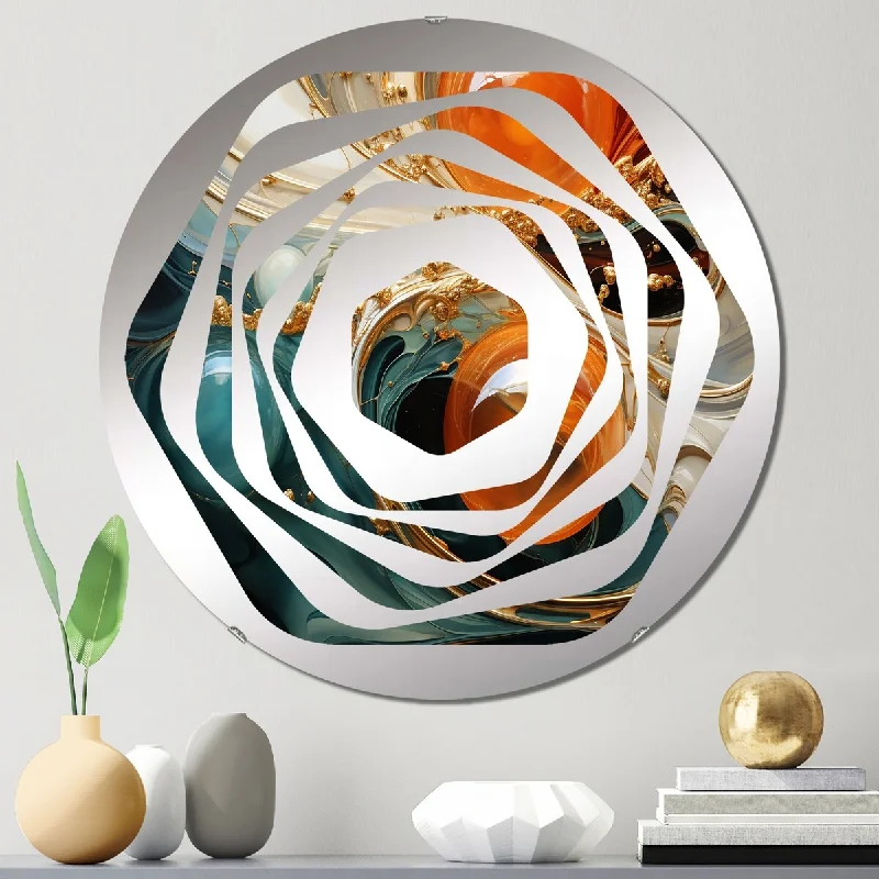 Designart "Orange and gold planet waves II" - Modern Abstract Painting Amorphe Decorative Mirror