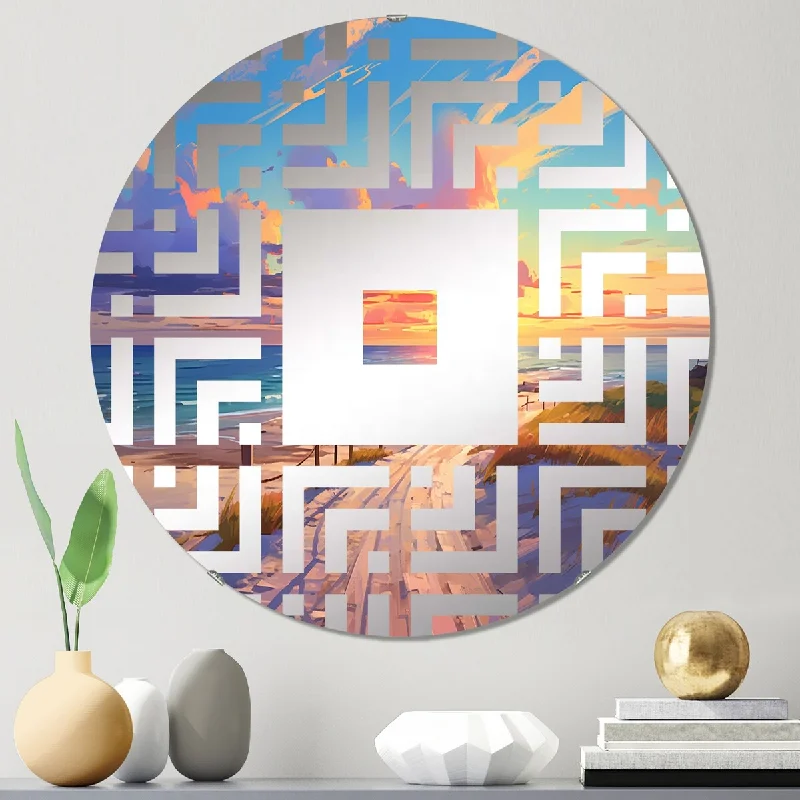 Designart "Pathway To Pink Pastel Beach Sunset I" - Coastal Coastal Beach Square Wall Mirror