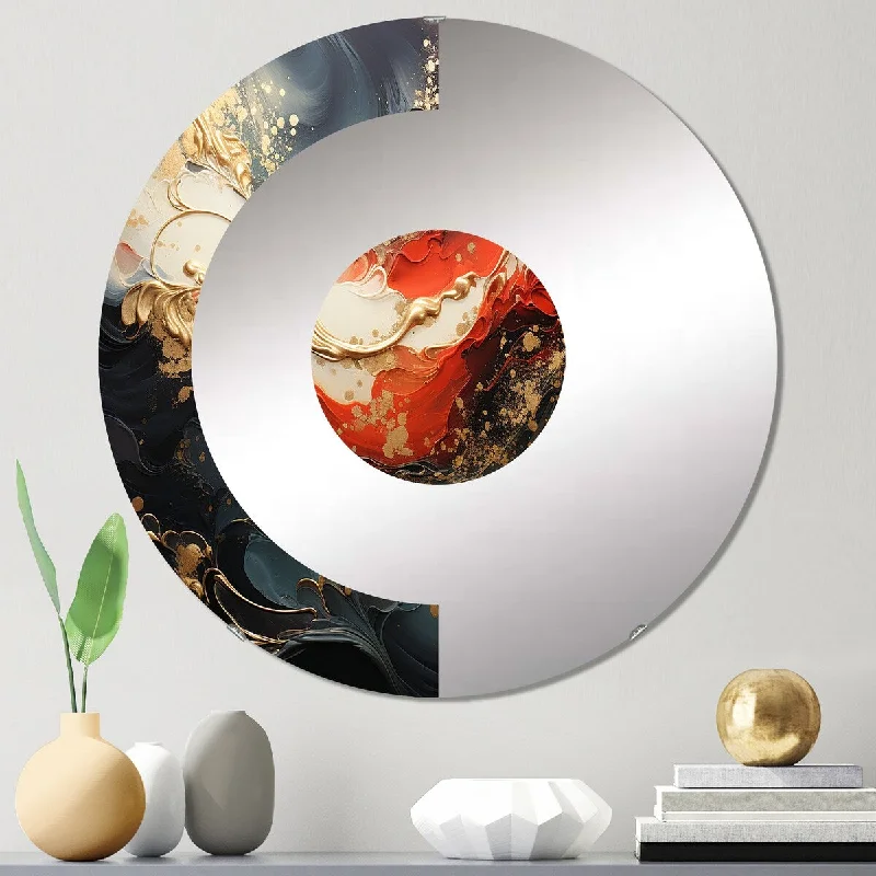 Designart "Red and gold marble fire VI" - Modern Abstract Painting Half Circle Wall Mirror