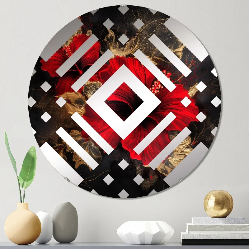 Designart "Red Gorgeous Gilded Hibiscus on Black II" - Traditional Hibiscus Diamond Decorative Mirror