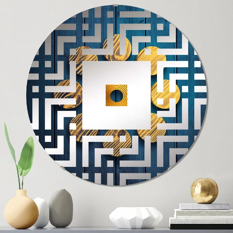 Designart "Sacred Geometry In Blue And Gold" - Modern Abstract Geometric Square Wall Mirror