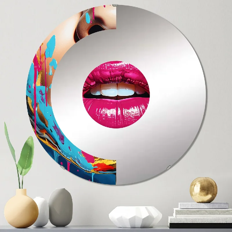 Designart "Sensual Red Lips Retro Glam Collage IV" - Modern Fashion Woman Half Circle Wall Mirror