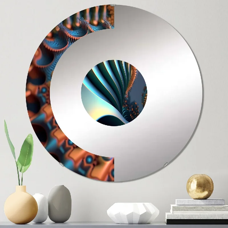 Designart "Turquoise Fractal Mystery II" - Modern Abstract Geometric Half Circle Wall Mirror