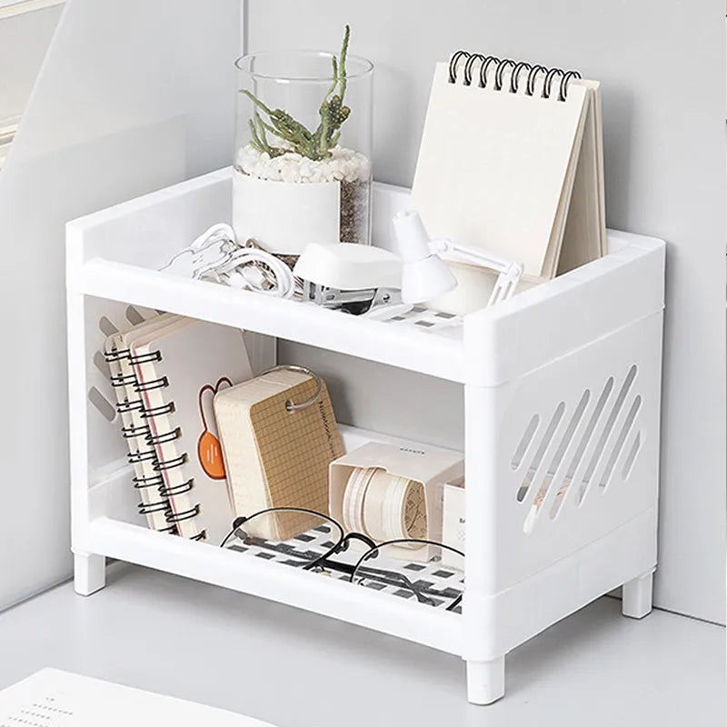 Double Layer Desktop Storage Rack Organize Desk Supplies, Cosmetics Storage (White)