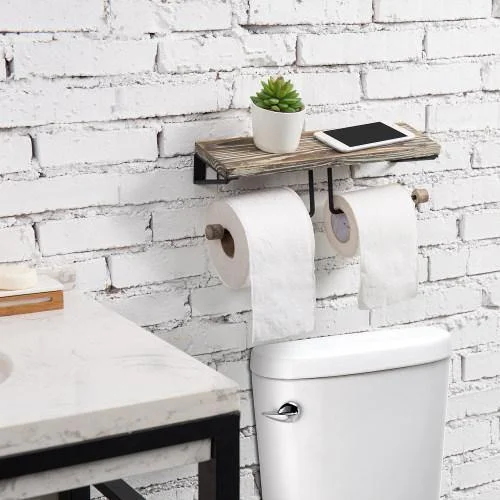 Dual-Roll Torched Wood & Black Metal Toilet Paper Holder with Shelf