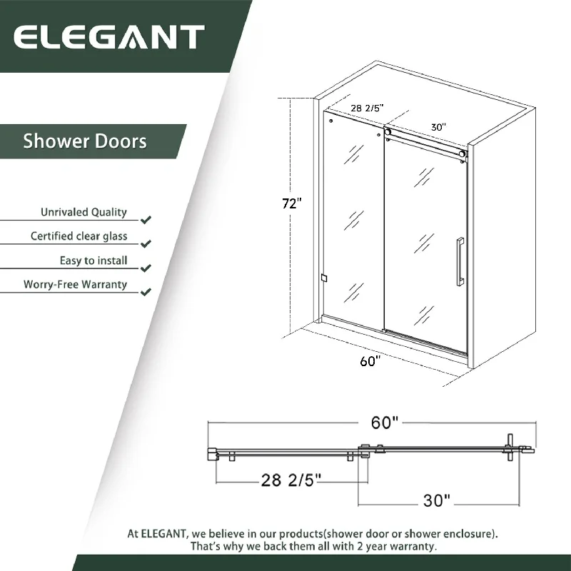 Elegant 60 in. W x 72 in. H Frameless Sliding Shower Doors in Black - 60"×72"