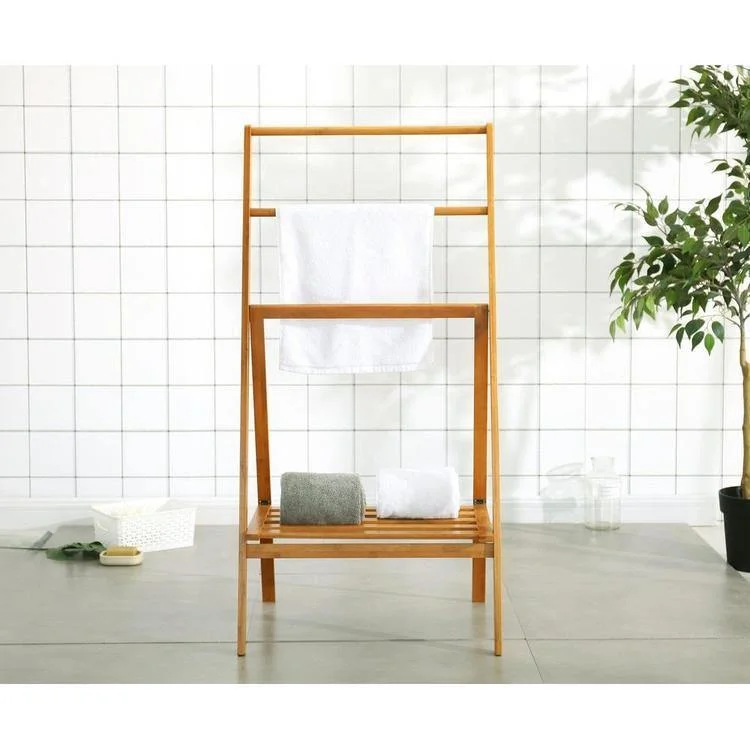 Freestanding Bamboo Towel Stand with Shelf, Natural Brown