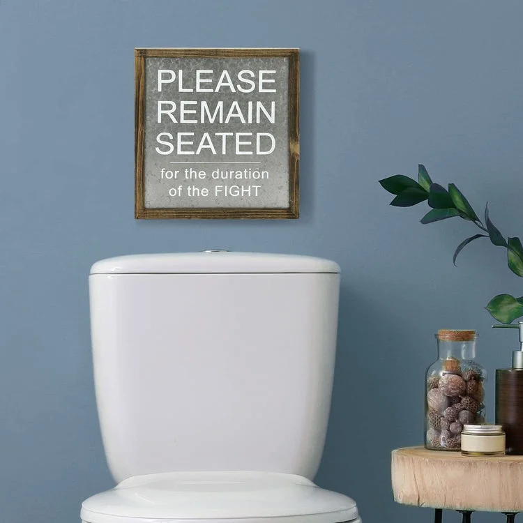 Funny Bathroom Sign Galvanized Silver Metal with Distressed Wood Frame, Toilet Novelty Wall Hanging Décor