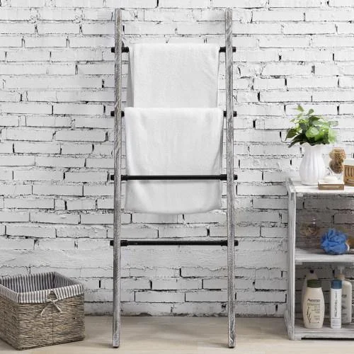 Gray on White Wood & Metal Towel Ladder