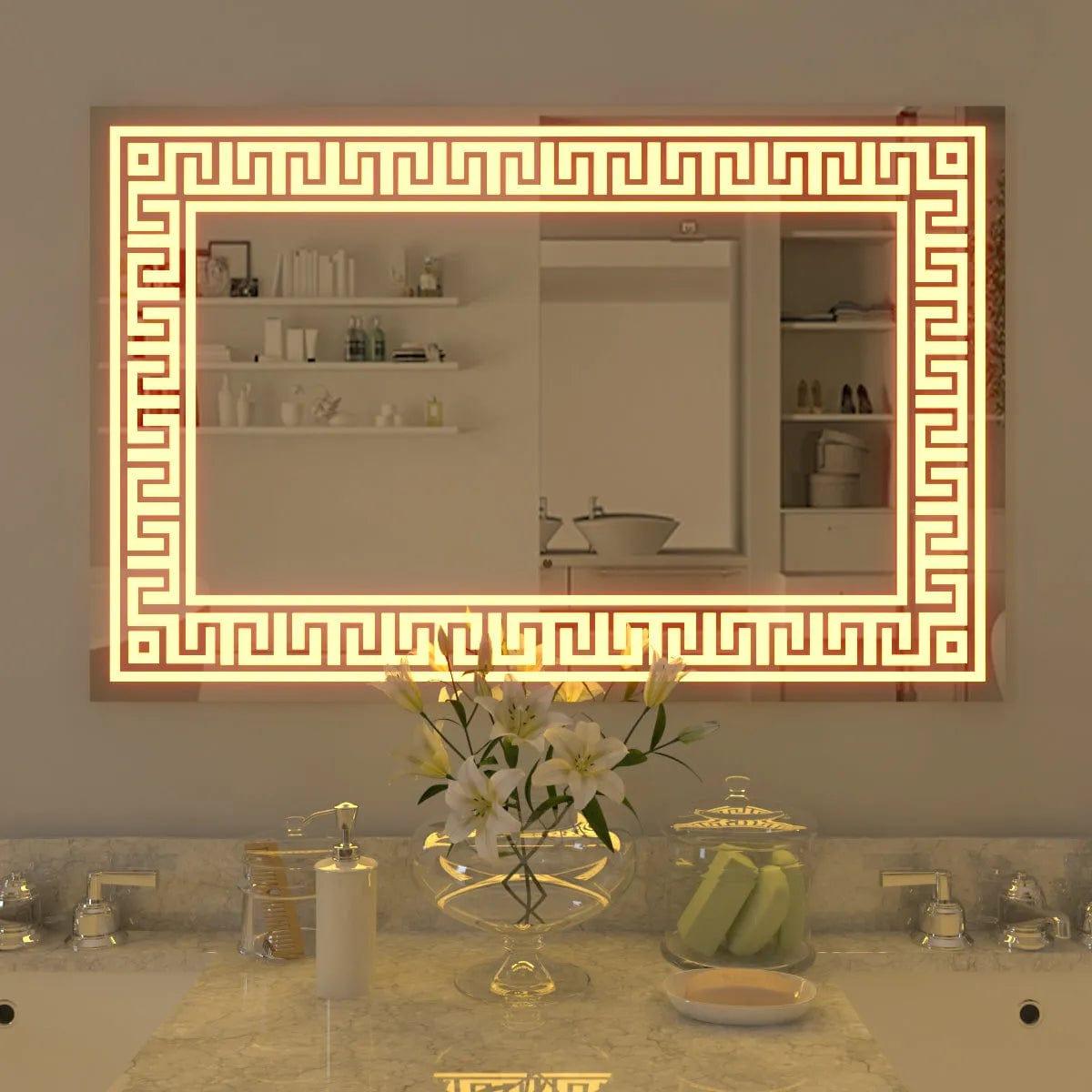 Greek Key Motif LED Rectangular Bathroom Mirror