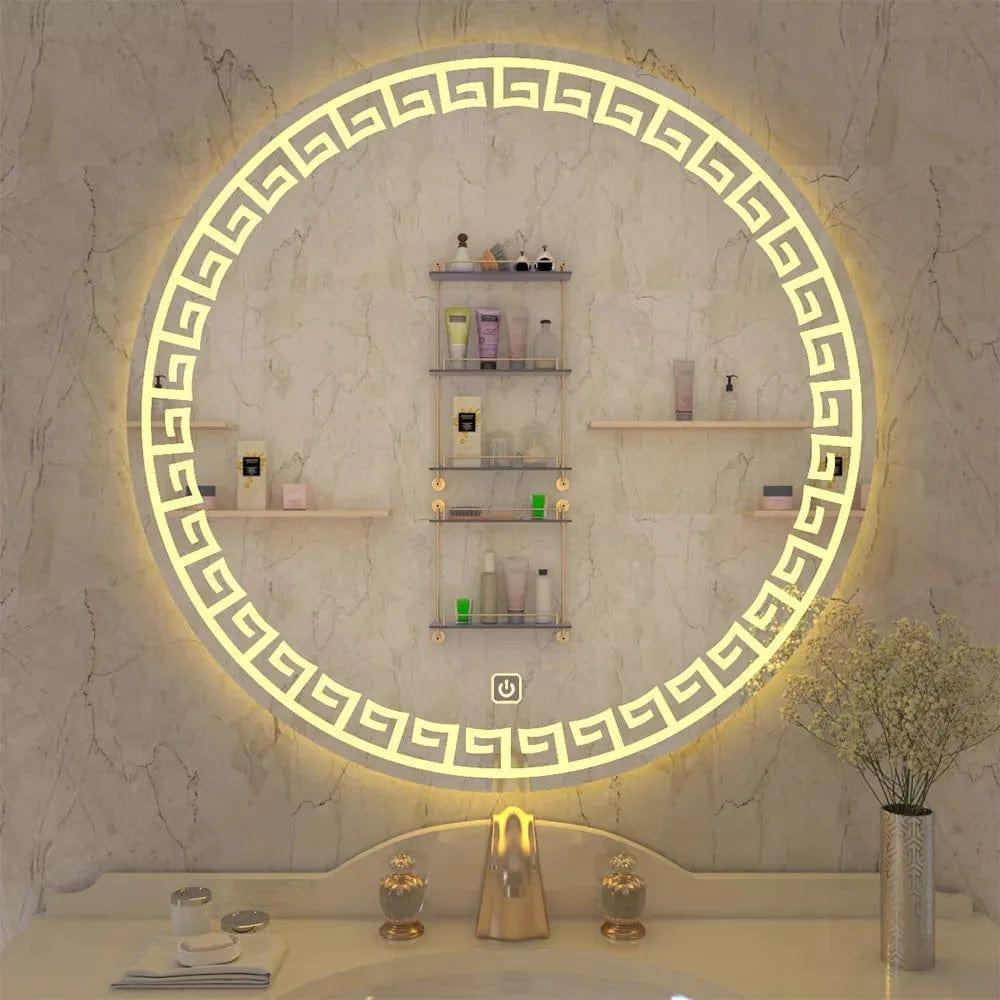 Greek Key Motif LED Round Bathroom Mirror