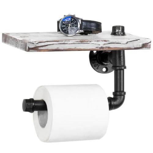 Industrial-Style Whitewashed Toilet Paper Holder with Shelf