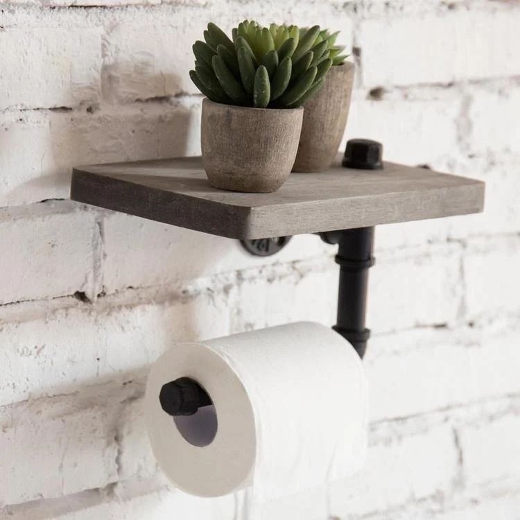 Industrial Pipe Design Toilet Paper Holder with Shelf, Grey Wood