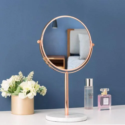 Rose Gold Double-Sided Makeup Mirror w/ White Marble Base