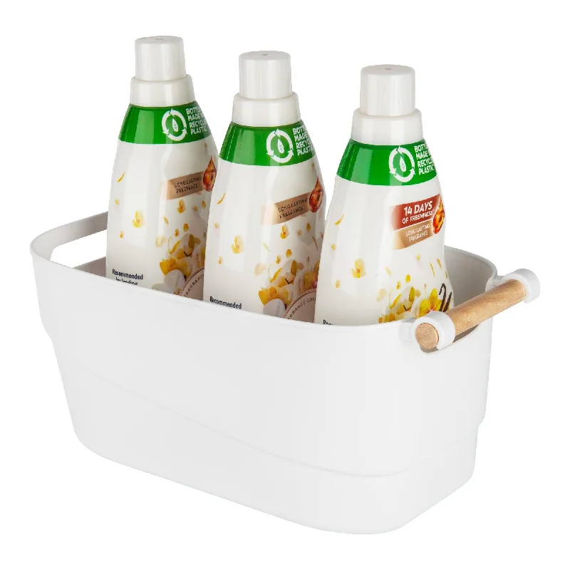 Medium White Storage Tub with Wooden Handle