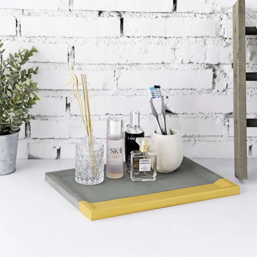 Modern Gray Concrete Vanity Tray w/ Gold-Tone Accent