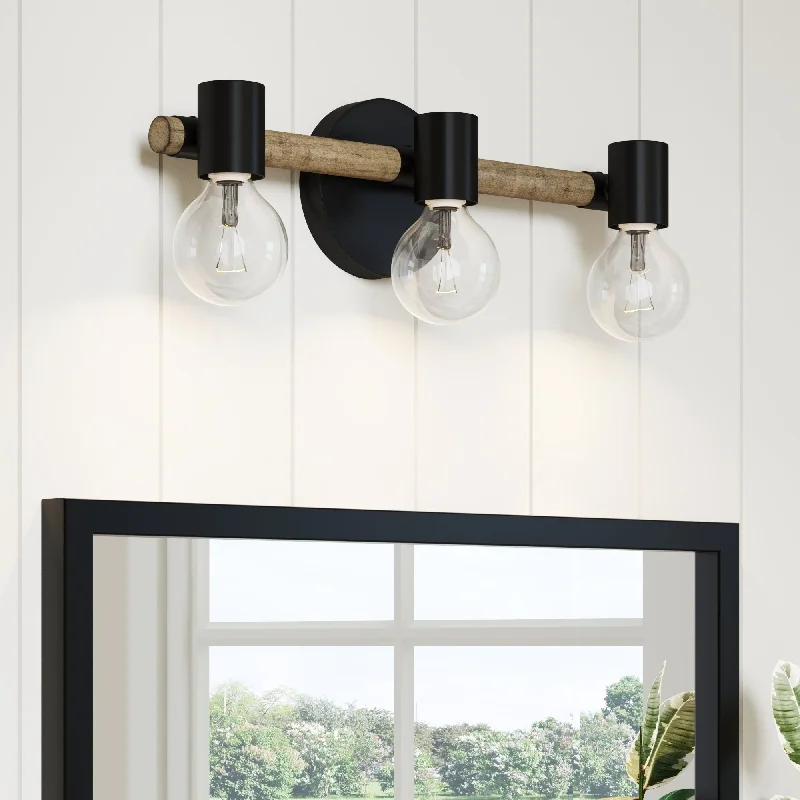 Nathan James Henry 3-Lights Farmhouse Bathroom Vanity Light in Brushed Wood and Black Metal for Bathroom and Vanity