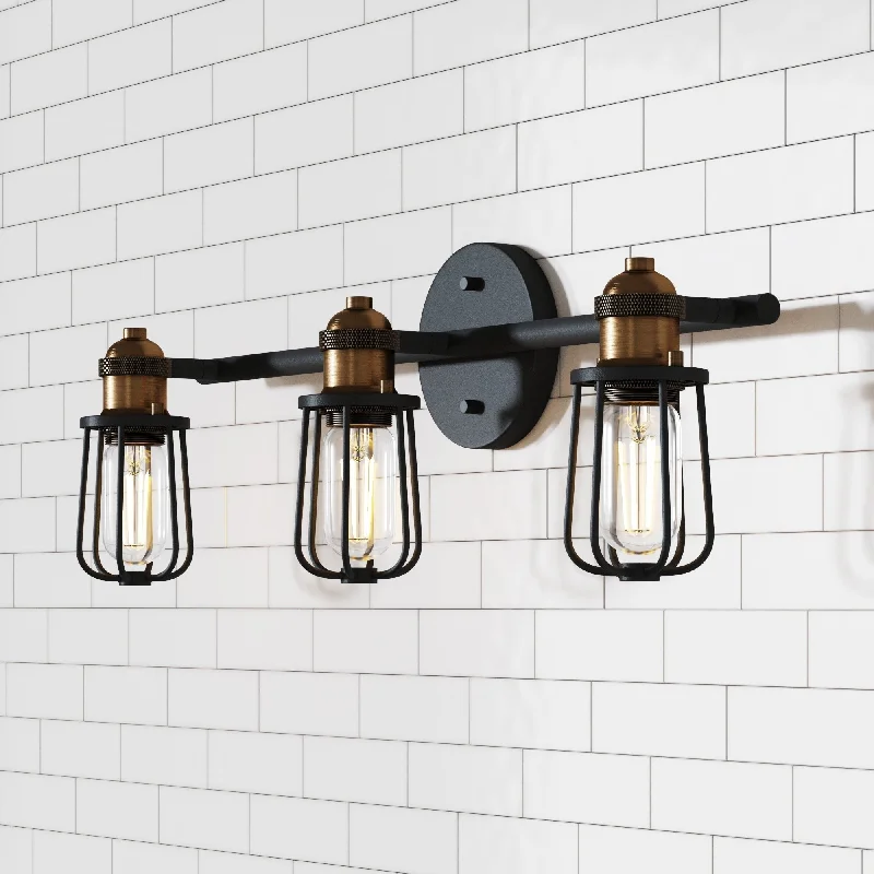 Nathan James Rori Vanity Wall Light Indoor 3-Light Bathroom with Farmhouse Cage Sconce and Brass Details